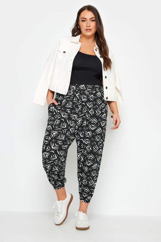 YOURS Plus Size Black Ikat Print Cropped Harem Trousers | Yours Clothing 2