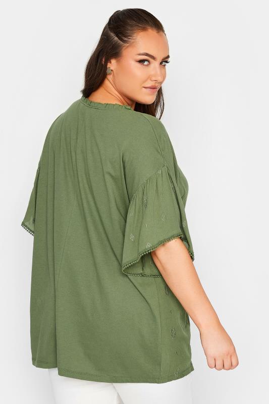 YOURS Curve Plus Size Khaki Green Tie Neck Embroidered Top | Yours Clothing  4