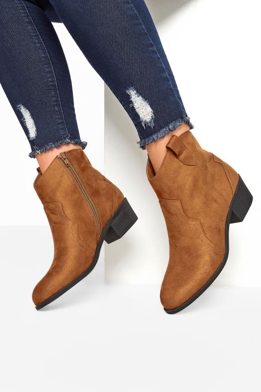 Tan Faux Suede Western Ankle Boots In 