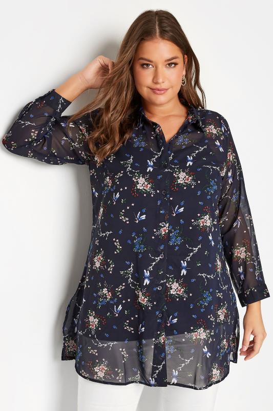 Plus Size Navy Blue Floral Print Button Through Shirt | Yours Clothing 3