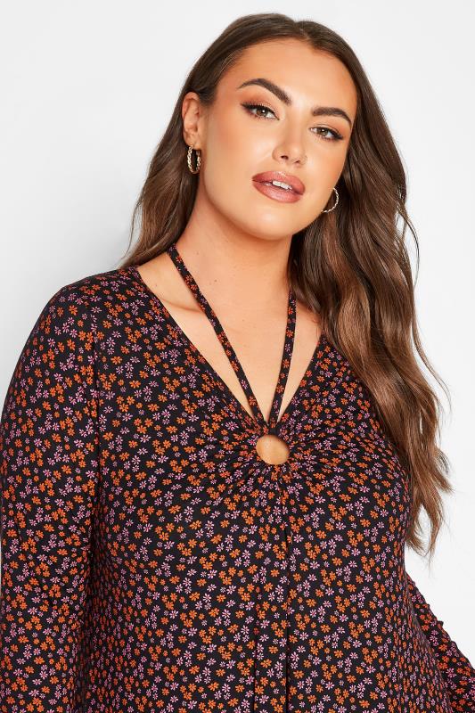 Plus Size Black Floral Ring Detail Swing Top | Yours Clothing 4
