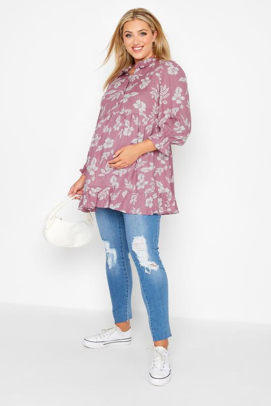 BUMP IT UP MATERNITY Plus Size Pink Floral Print Smock Blouse | Yours Clothing 2