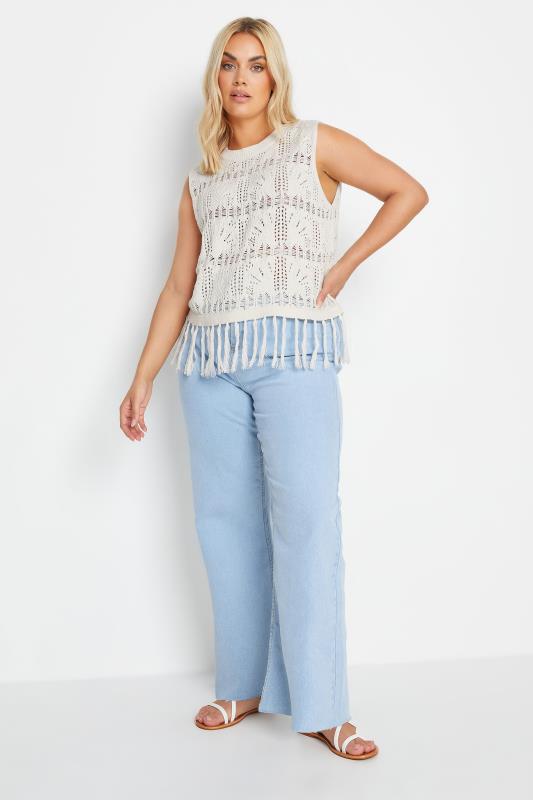YOURS Plus Size Ivory White Crochet Fringe Vest Top | Yours Clothing 2