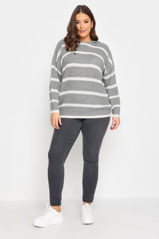 YOURS Curve Grey Striped Hooded Jumper | Yours Clothing 3
