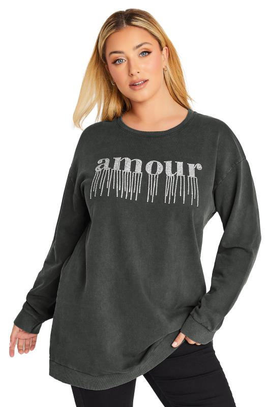 YOURS LUXURY Plus Size Grey 'Amour' Diamante Embellished Sweatshirt | Yours Clothing 9