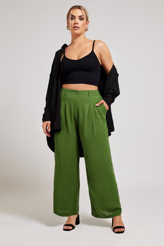 YOURS LONDON Plus Size Green Pleat Front Wide Leg Trousers | Yours Clothing 2