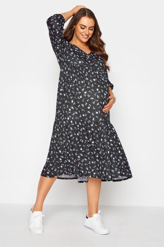 Plus Size BUMP IT UP MATERNITY Black Ditsy Floral Smock Dress | Yours Clothing 2