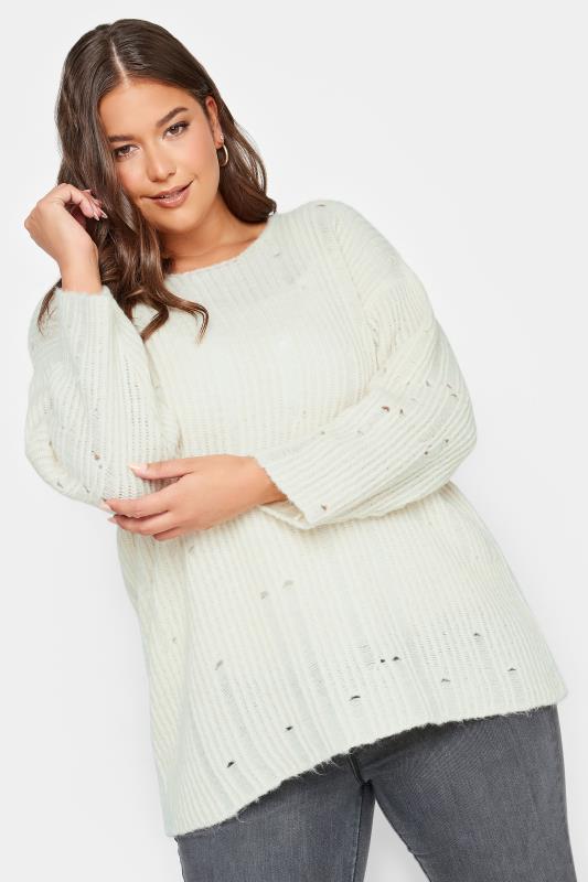 Plus Size  YOURS Curve Ivory White Distressed Knit Jumper