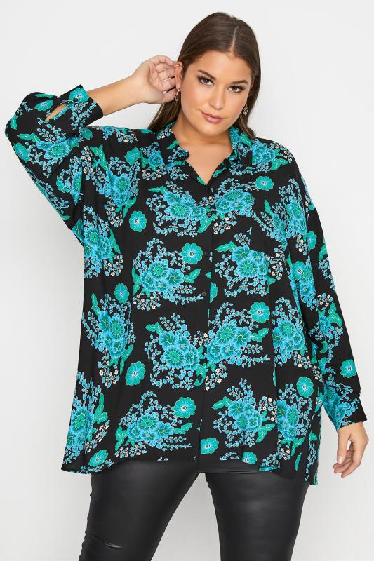 YOURS LONDON Black & Teal Floral Oversized Shirt_A.jpg