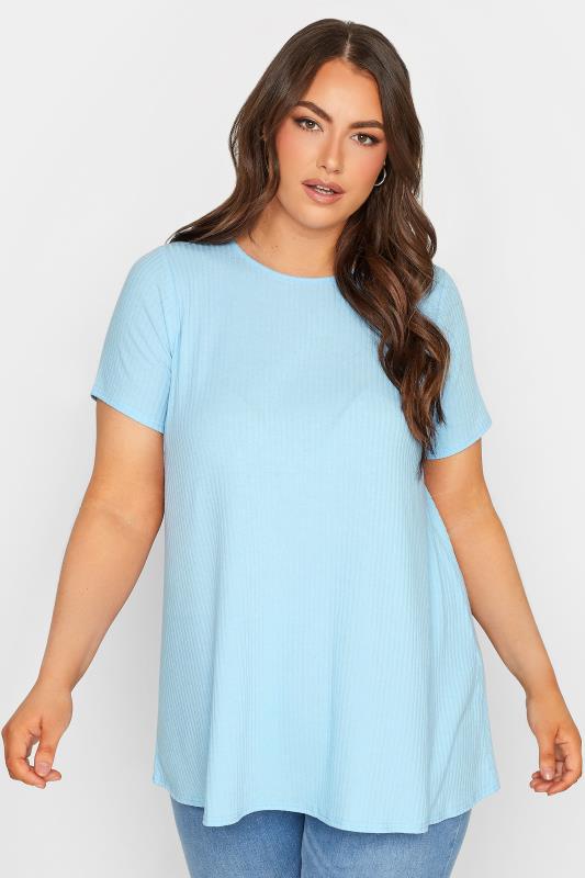 YOURS Plus Size Light Blue Ribbed T-Shirt | Yours Clothing 1