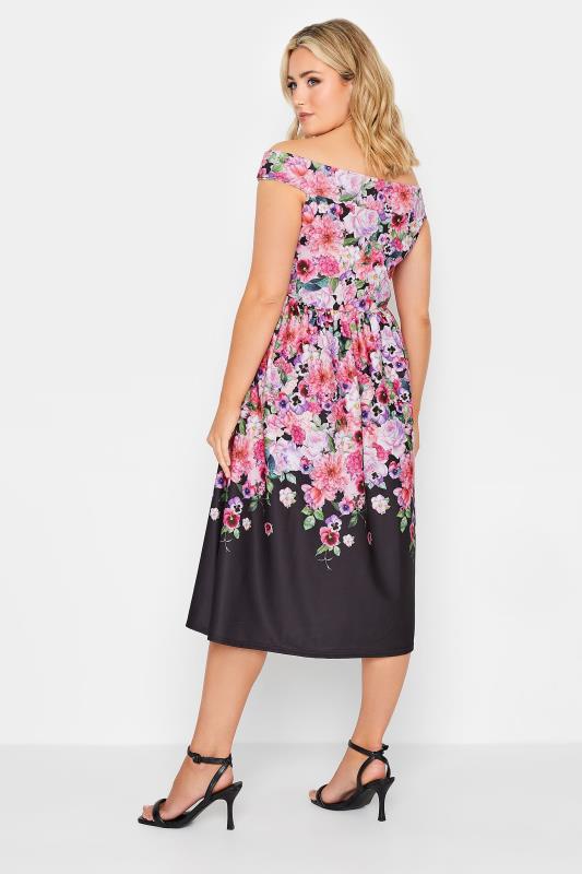 YOURS PETITE Plus Size Curve Black Floral Border Bardot Dress | Yours Clothing  3