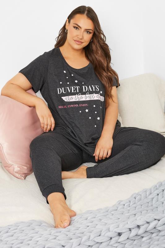 Plus Size Grey 'Duvet Days' Slogan Cuffed Pyjama Set | Yours Clothing 1