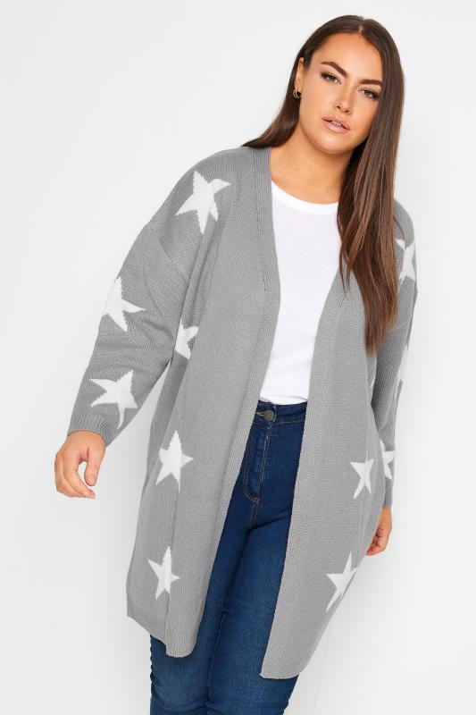 YOURS Plus Size Grey Star Print Longline Cardigan | Yours Clothing 1