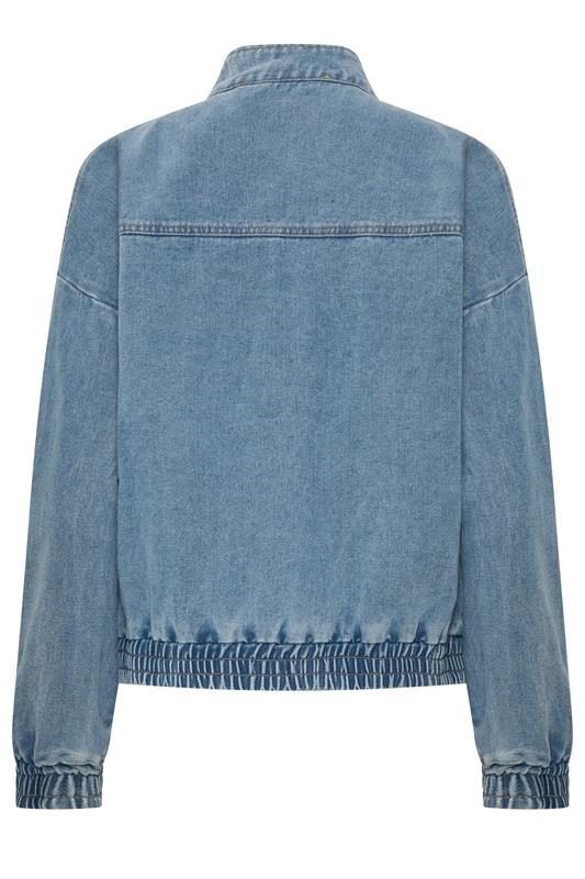 PixieGirl Petite Women's Mid Blue Funnel Neck Denim Trucker Jacket | PixieGirl 6