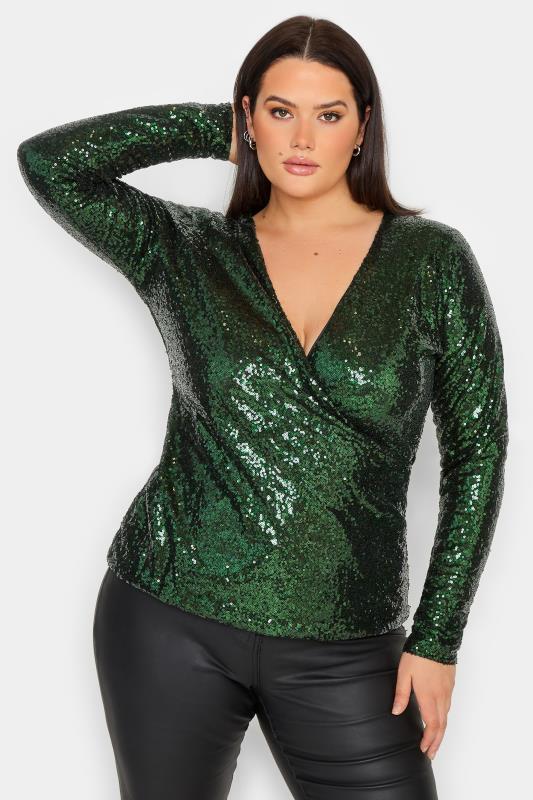 Tall  LTS Tall Green Sequin Embellished Wrap Top