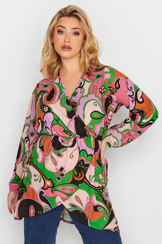 Plus Size  LIMITED COLLECTION Curve Pink Abstract Print Wrap Top