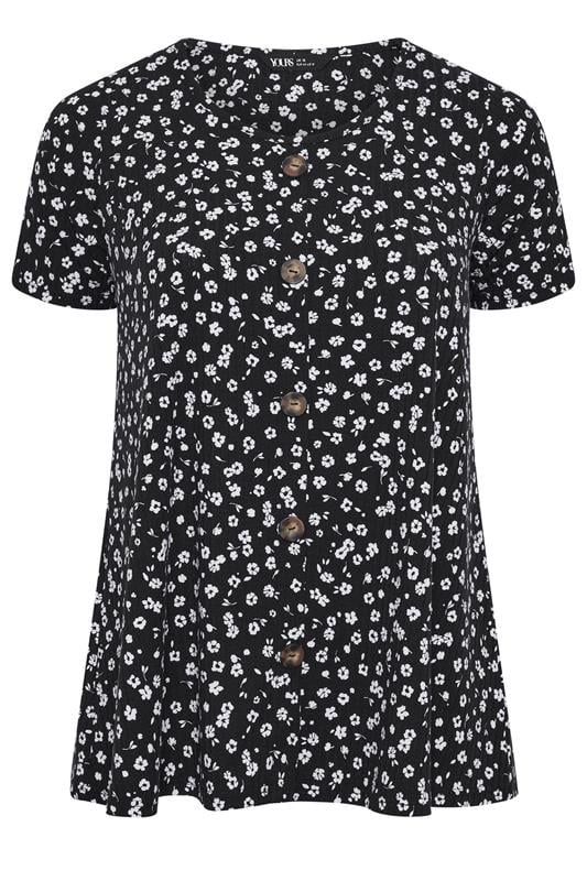 YOURS Plus Size Black & White Ditsy Floral Ribbed T-Shirt | Yours Clothing 5