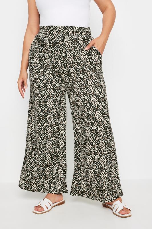 YOURS Plus Size Black Tile Print Textured Wide Leg Trousers | Yours Clothing 2