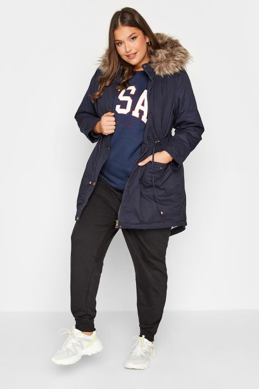 Plus Size Navy Blue Faux Fur Lined Hooded Parka | Yours Clothing 3