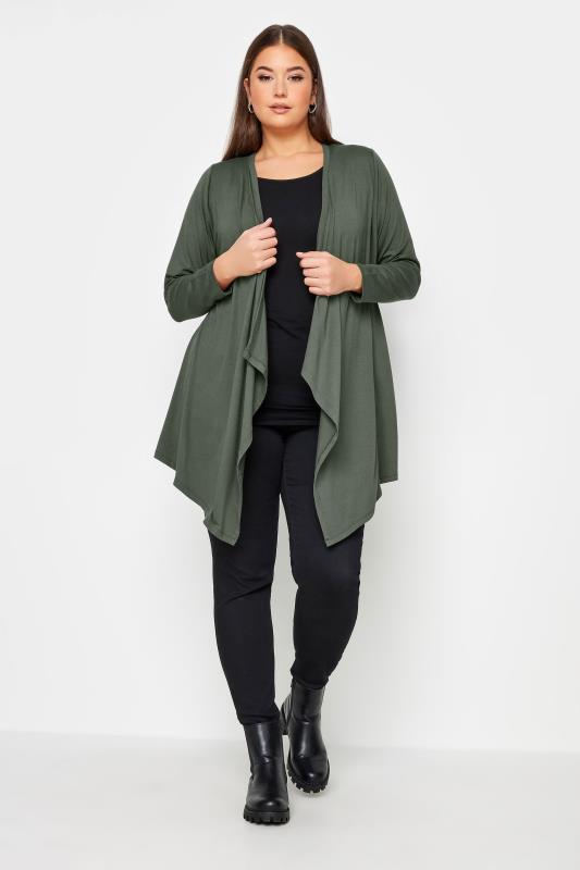 YOURS Plus Size Khaki Green Waterfall Jersey Cardigan | Yours Clothing 1