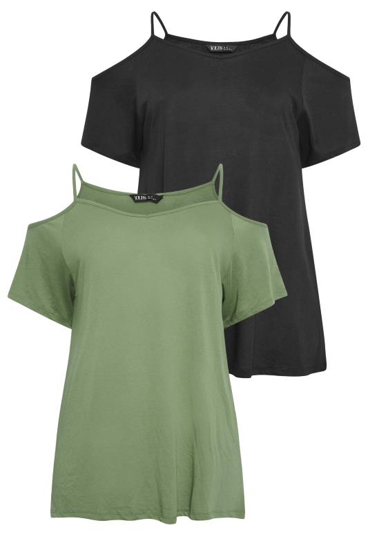 YOURS Curve Plus Size 2 PACK Black & Khaki Green Cold Shoulder T-Shirts | Yours Clothing  8