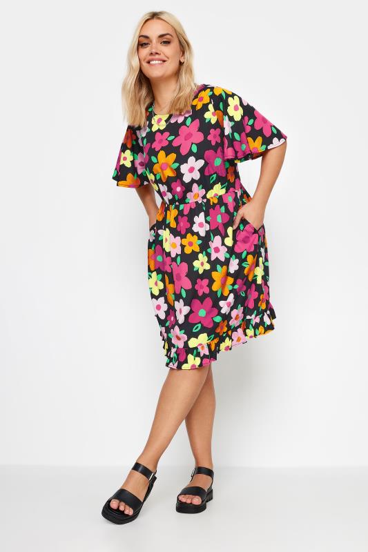YOURS Plus Size Black Floral Print Frill Smock Dress | Yours Clothing 1