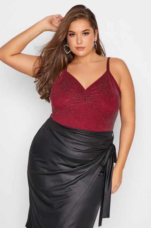 Plus Size  LIMITED COLLECTION Wine Red Glitter Ruched Bodysuit