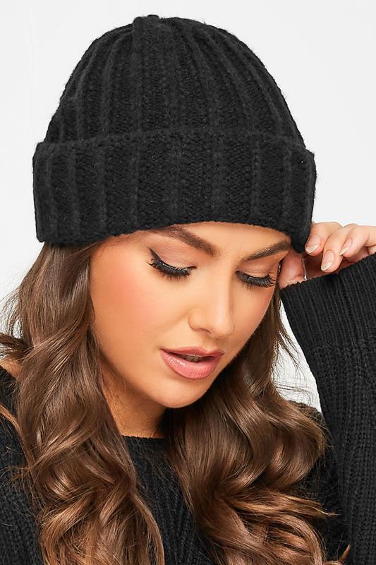 Black Ribbed Knitted Beanie Hat | Yours Clothing 1