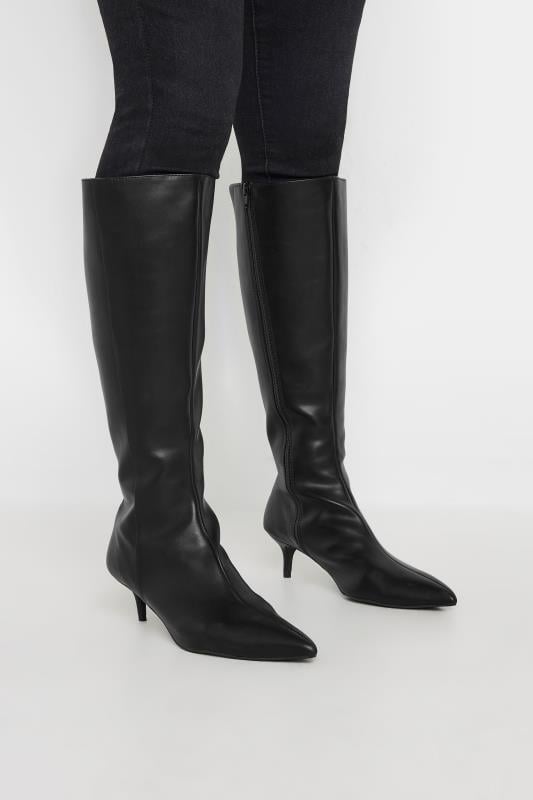 LTS Black Faux Leather Knee High Heeled Boots In Standard Fit | Long Tall Sally 1