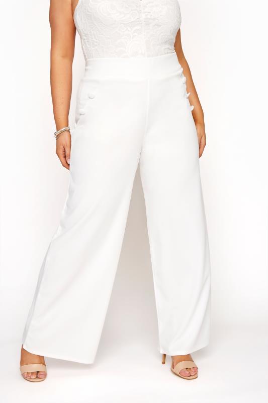 YOURS LONDON White Button Scuba Crepe Wide Leg Trousers | Yours Clothing 2