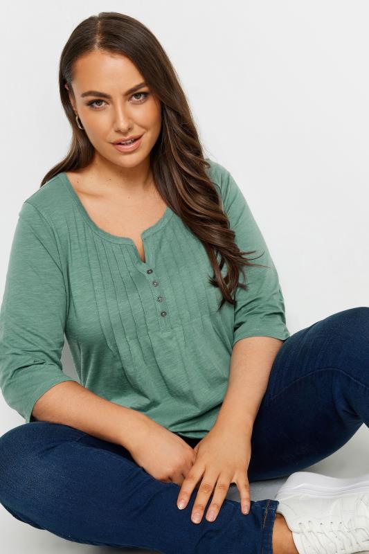 YOURS 2 PACK Plus Size Green & White Pintuck Henley T-Shirts | Yours Clothing 8