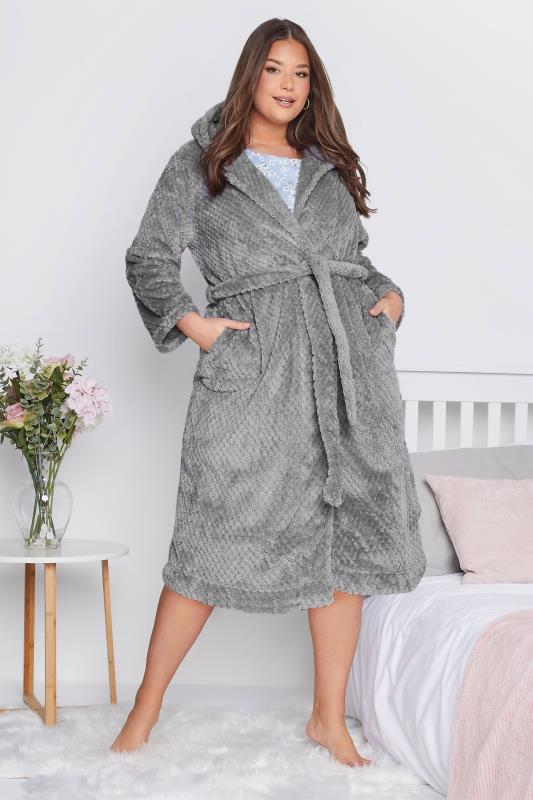  YOURS Curve Grey Waffle Fleece Hooded Dressing Gown
