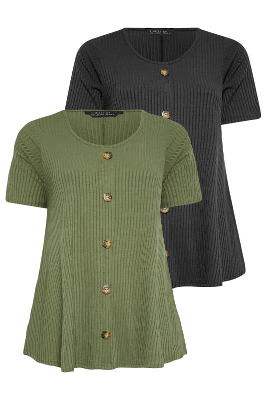 LIMITED COLLECTION Curve Plus Size 2 PACK Khaki Green & Black Ribbed Swing Tops | Yours Clothing  7