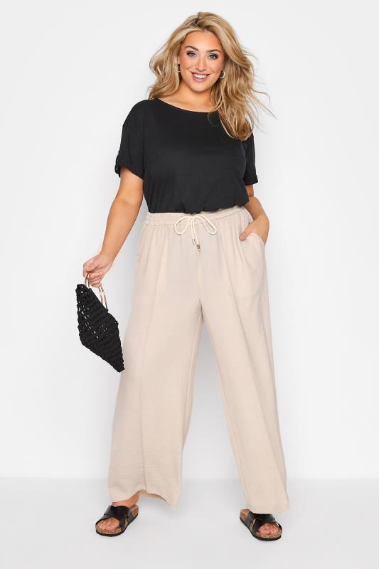 Plus Size Stone Brown Lightweight Twill Wide Leg Trousers | Yours Clothing 2