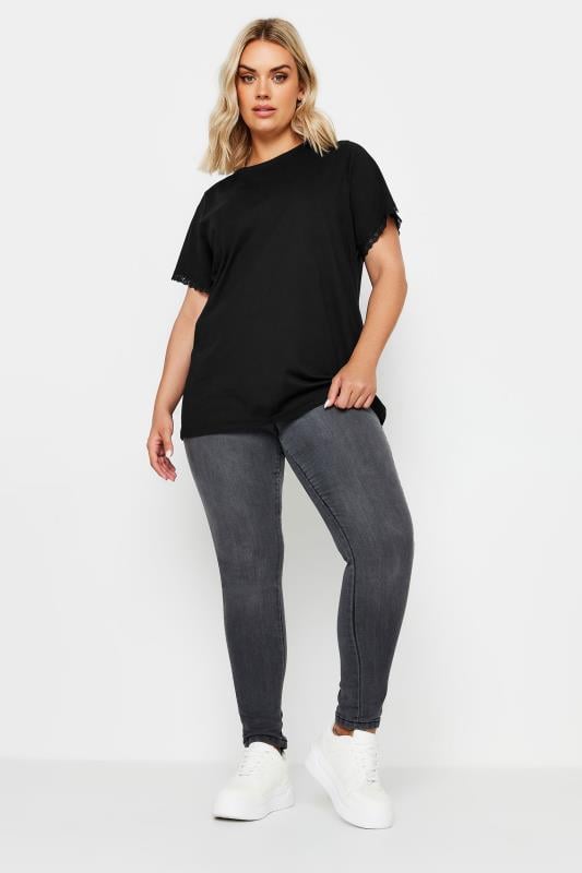 YOURS Plus Size Black Lace Trim T-Shirt | Yours Clothing  3