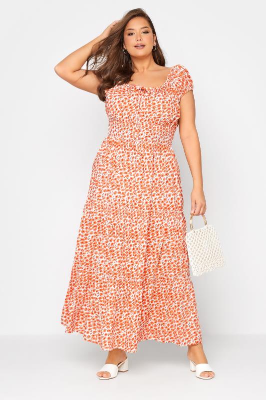 Curve Orange Floral Print Bardot Maxi Dress 2