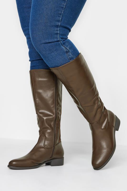  Tallas Grandes Chocolate Brown PU Stretch Heeled Knee High Boots In Wide E Fit & Extra Wide EEE Fit