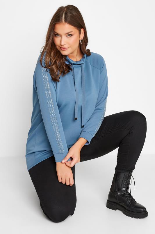 Plus Size  Curve Blue Diamante Sleeve Raglan Sweatshirt