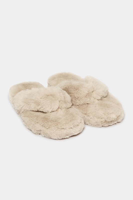 Plus Size  Beige Brown Fluff Toe Post Slippers In Extra Wide EEE Fit