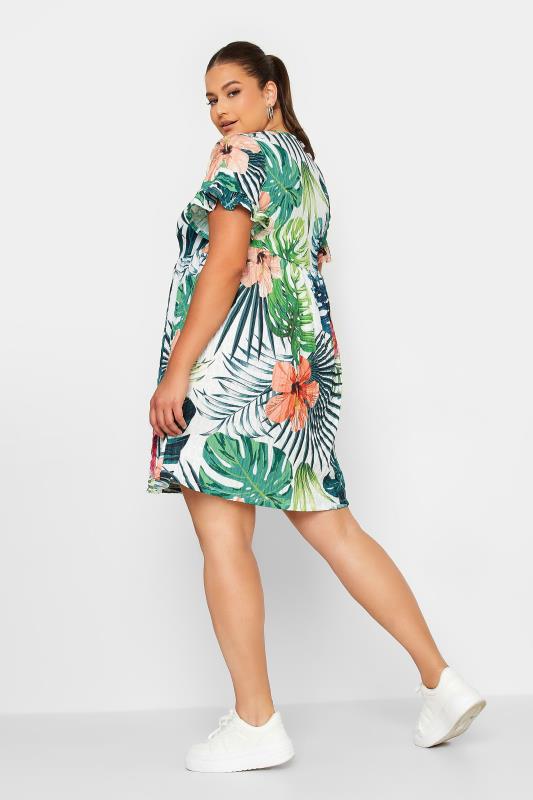 YOURS Curve Green & White Tropical Floral Print Smock Tunic Dress | Yours Clothing 2