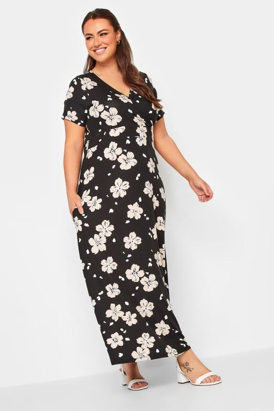 YOURS Curve Black Floral Print Wrap Style Maxi Dress | Yours Clothing  1