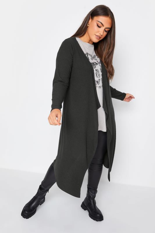  Tallas Grandes YOURS Curve Black Ribbed Midaxi Waterfall Cardigan