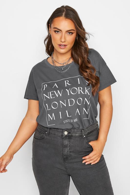 Curve Grey 'Paris New York London Milan' Slogan T-Shirt | Yours Clothing 2