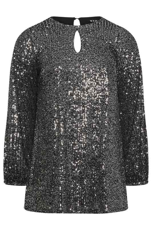 YOURS LONDON Plus Size Silver Sequin Keyhole Long Sleeve Top | Yours Clothing 5