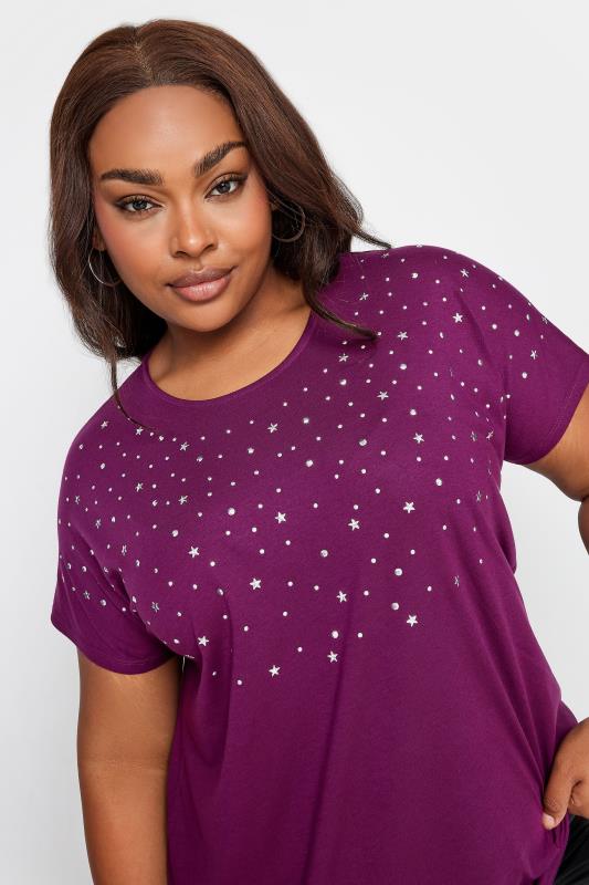 YOURS Plus Size Purple Embellished Front T-Shirt | Yours Clothing 4