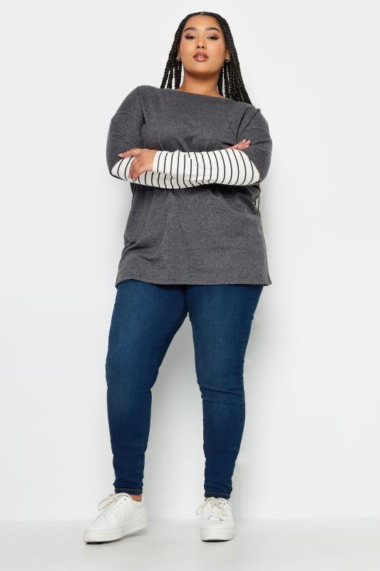 YOURS Plus Size Grey Stripe Sleeve Double Layer T-Shirt | Yours Clothing