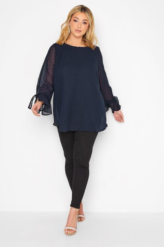 YOURS Plus Size Curve Navy Blue Abstract Print Bell Sleeve Blouse | Yours Clothing  2