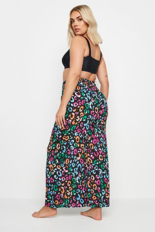 YOURS Plus Size Black Rainbow Leopard Print Beach Trousers | Yours Clothing 3