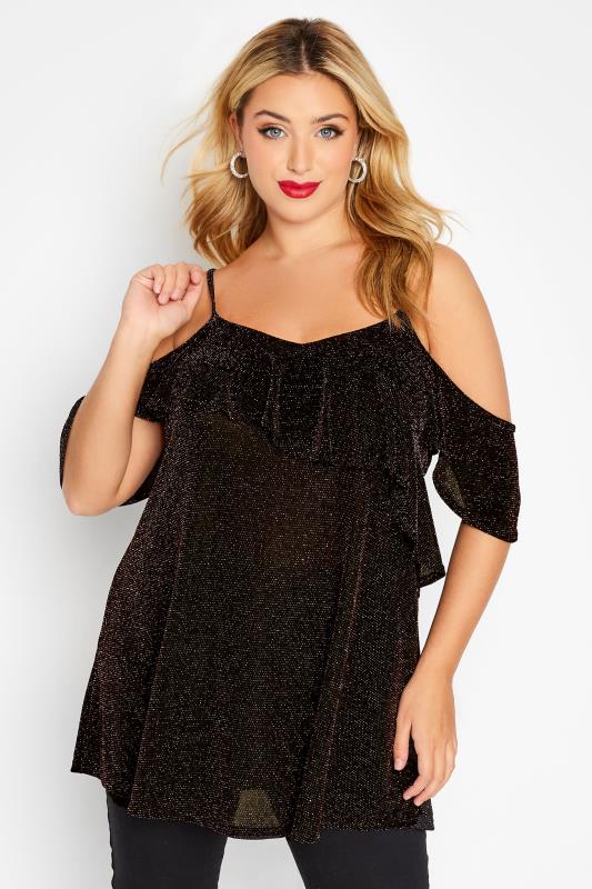  dla puszystych YOURS Curve Black & Gold Glitter Frill Cold Shoulder Top