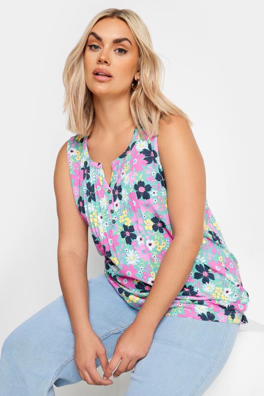 YOURS Plus Size Blue Floral Print Pintuck Henley Vest Top | Yours Clothing 1